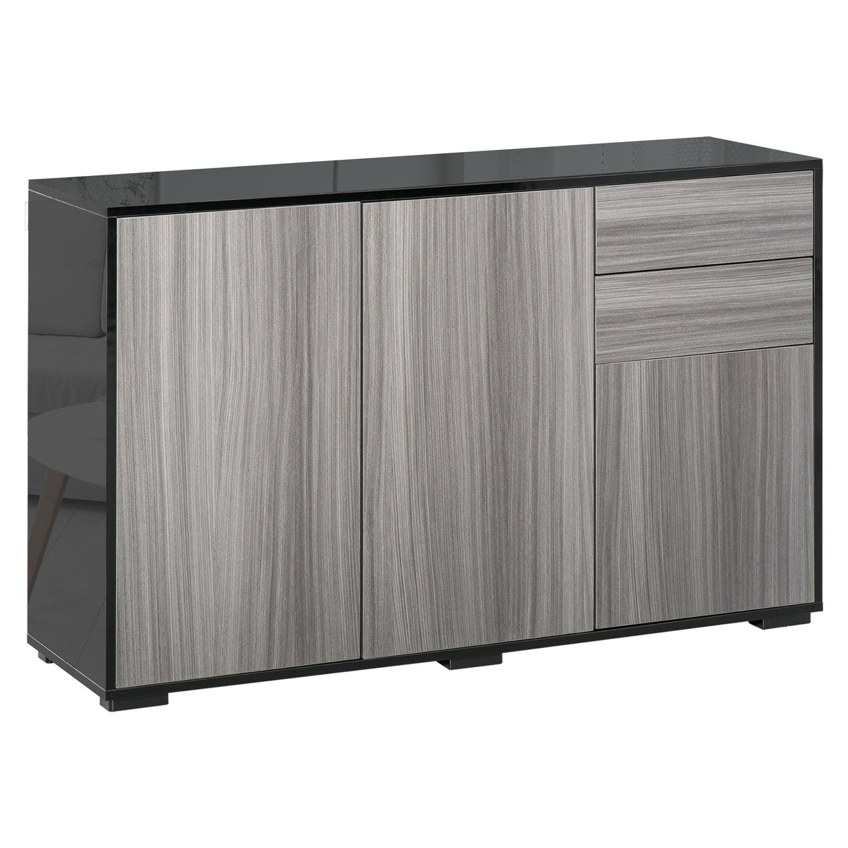 Photo of HOMCOM High Gloss Side Cabinet, Push-Open Design with 2 Drawers and 2 Cabinets for Living Room, 74H x 117W x 36Dcm, Light Grey and Black in Black colour on a white background