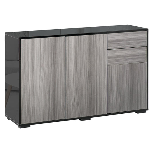 Photo of HOMCOM High Gloss Side Cabinet, Push-Open Design with 2 Drawers and 2 Cabinets for Living Room, 74H x 117W x 36Dcm, Light Grey and Black in Black colour on a white background