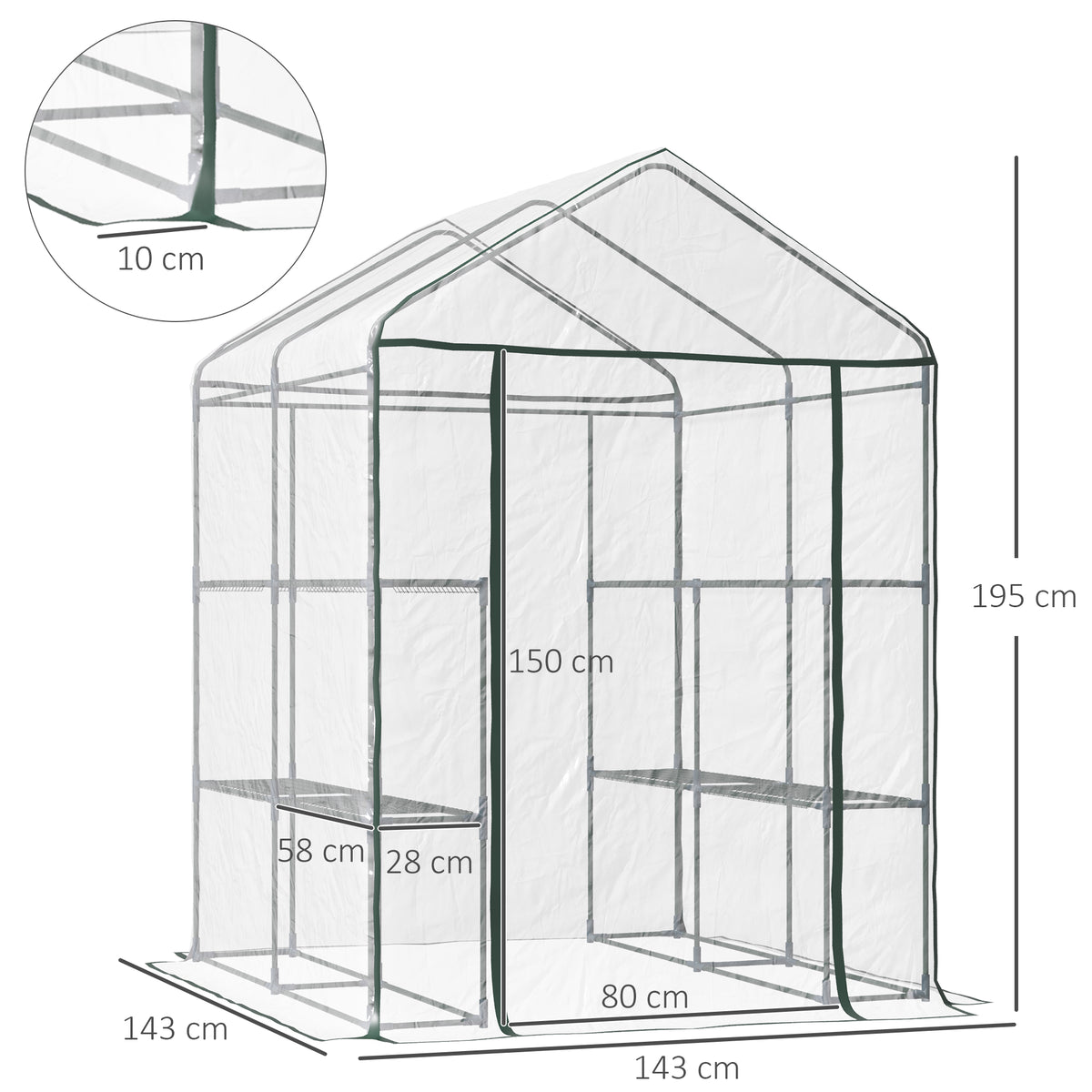 Walk-in greenhouse with dimensions, front doorway and extended cover edges