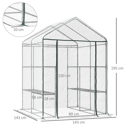 Walk-in greenhouse with dimensions, front doorway and extended cover edges