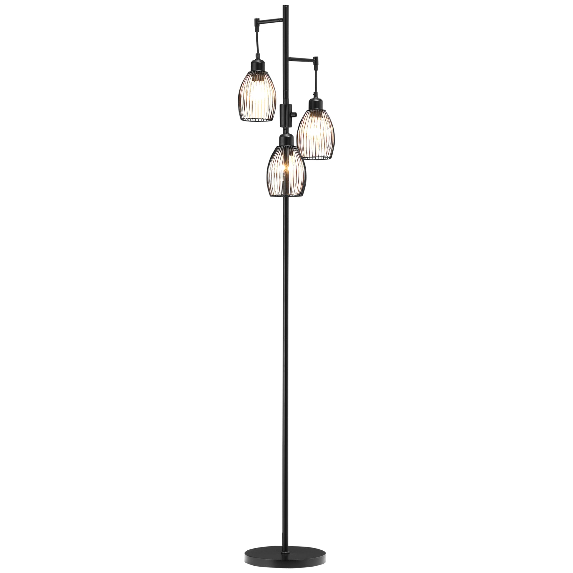 Photo of HOMCOM 3-Light Floor Lamp, 170cm Industrial Dimmable Standing Lamp with Steel Wire Cage Lampshades for Living Room, Bedroom, Dining Room, Study, Bulb Not Included, Black in Black colour on a white background