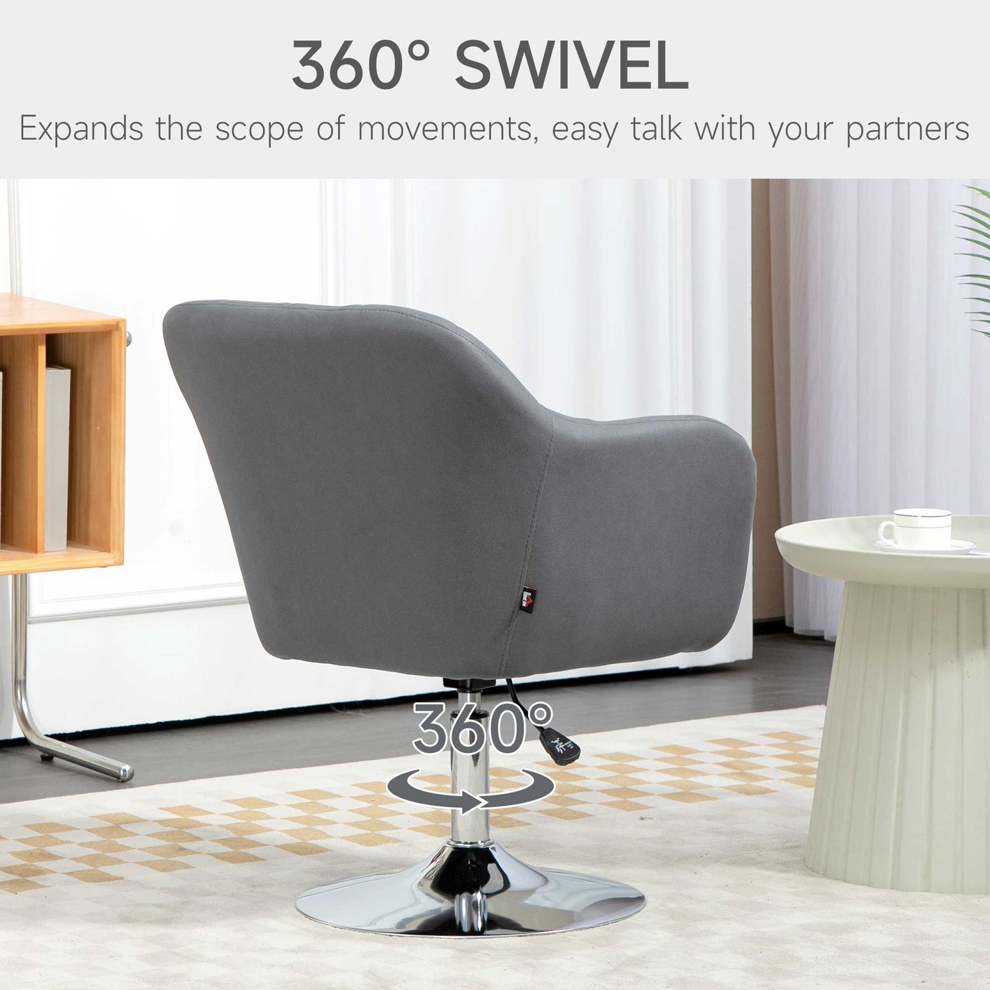 HOMCOM Swivel Accent Chair, Linen Fabric Tub Vanity Chair, Modern Armchair with Adjustable Height and Lumbar Support for Living Room Bedroom Salon Make up Room Dressing Table, Dark Grey