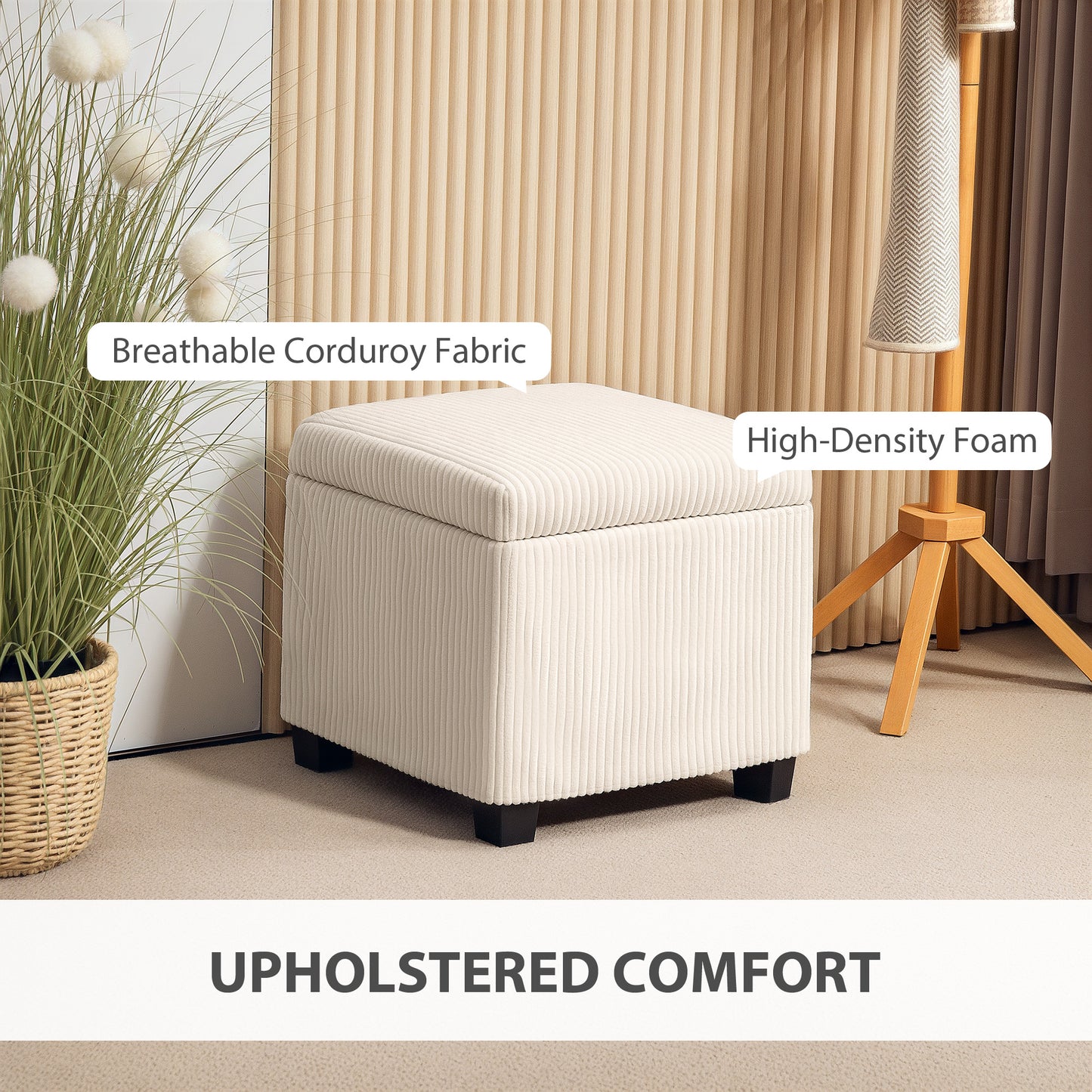 HOMCOM Storage Ottoman Bench, Corduroy Storage Chest Box with Wooden Legs, 40cm Bed End Bench for Living Room, Bedroom, Entryway, Beige
