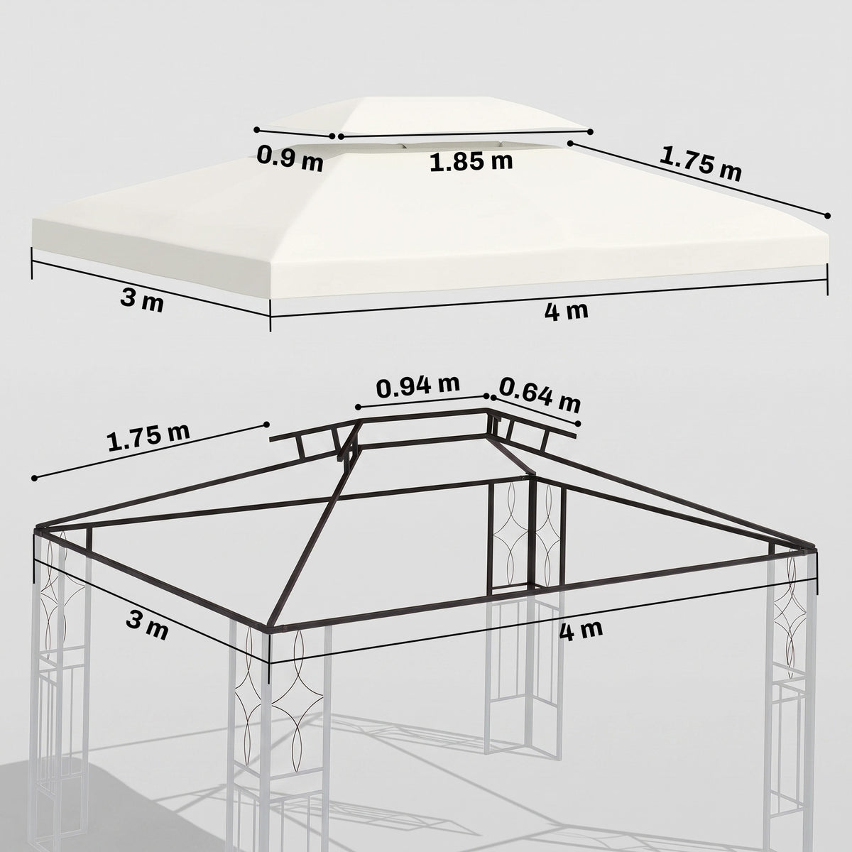 Cream two-tier gazebo canopy roof with 3 by 4 meter dimensions