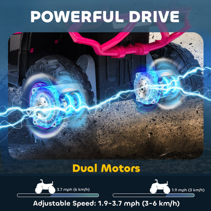 Kids' electric ride-on ATV with close-up of dual motors and rear wheels