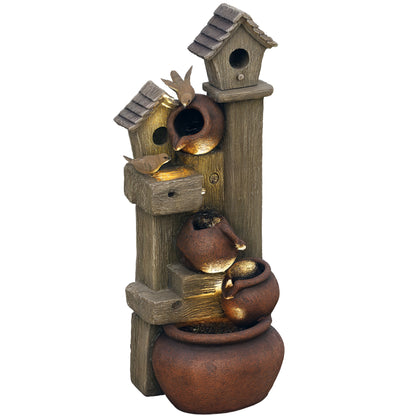 Outsunny resin garden fountain with tree trunk, birdhouses, cascading pots and warm lights