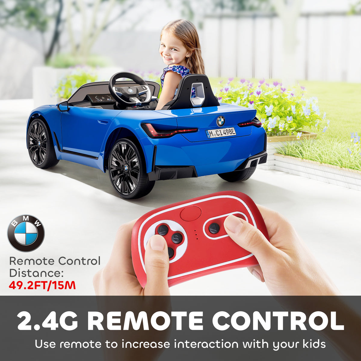 Blue HOMCOM BMW i4 ride-on car with child and red remote control, showing remote range.