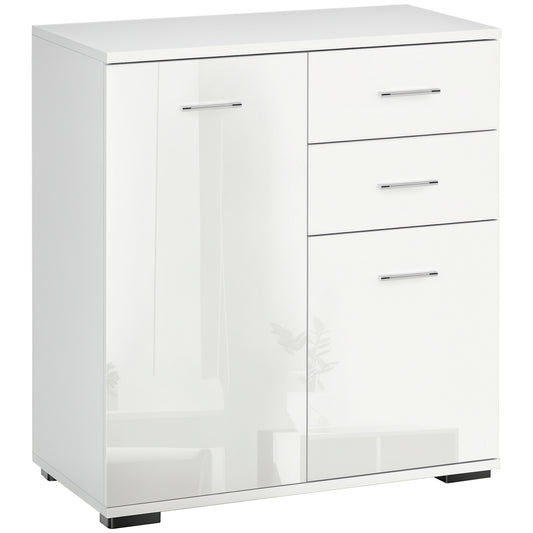 White high-gloss sideboard with one cabinet door and two drawers.