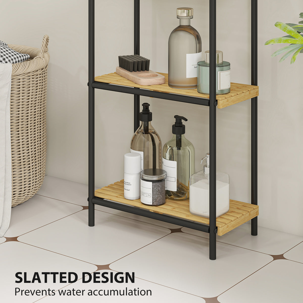HOMCOM 4-Tier Bamboo Bathroom Storage Shelf, Freestanding Narrow Shelving Unit with Slatted Shelves for Kitchen Bathroom Living Room, 41.5 x 21.5 x 106 cm, Natural and Black
