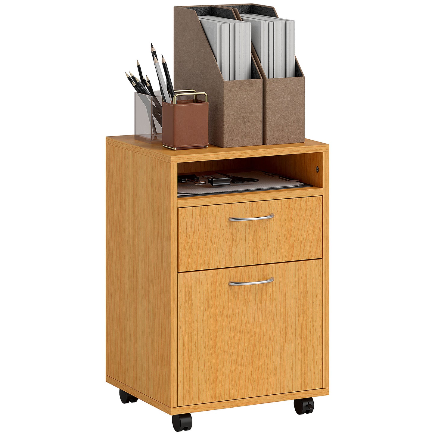 Photo of HOMCOM Filing Cabinet, Mobile File Cabinet with 2 Lockable Drawers, Office Home Organiser on Wheels for A4, Letter-Size File Folders, Mobile Printer with Open Shelf, Natural Wood Finish in Finish colour on a white background