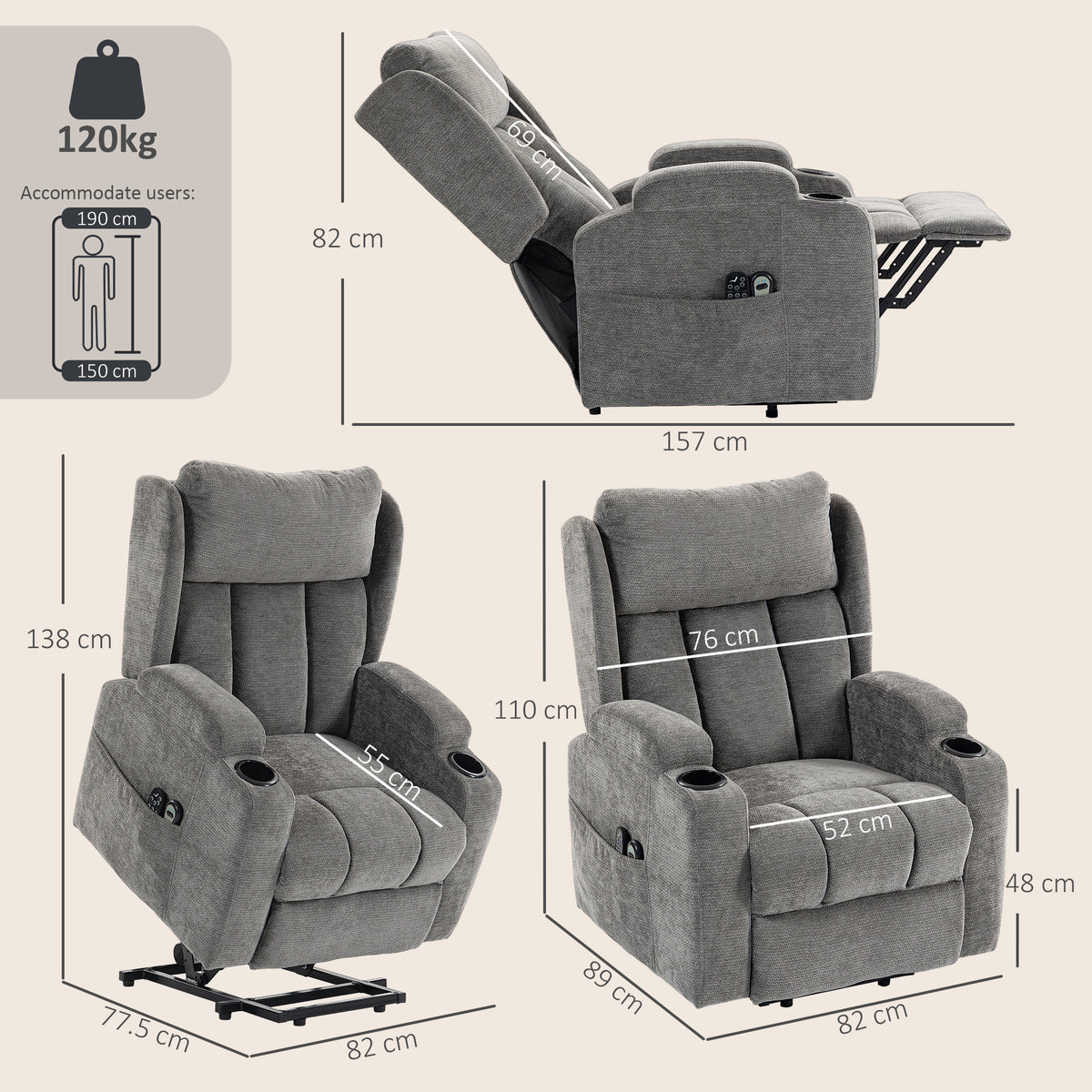 HOMCOM Power Lift Recliner Chair with Vibration Massage and Heat, Chenille Riser and Recliner Armchair for Elderly, Grey