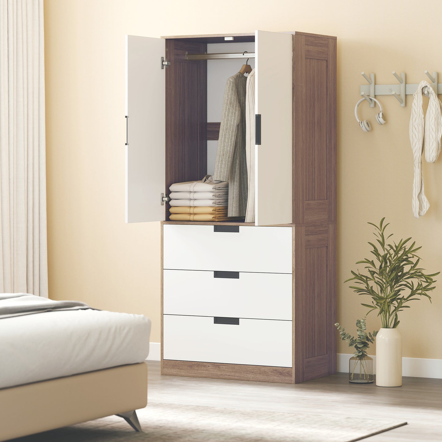 HOMCOM Modern Clothes Storage Cupboard Unit, 3 Drawer 2 Door Wardrobe with Hanging Rod, White/Brown