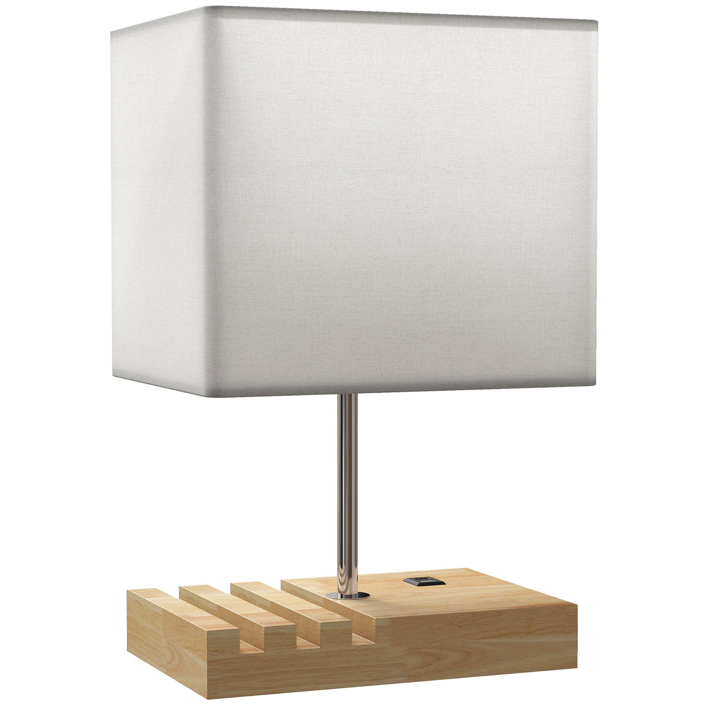 Photo of HOMCOM Bedside Lamp with USB A+C Charging Ports and 3 Phone Stands, Modern Table Lamp with Solid Wood Base and Fabric Shade for Bedroom Living Room Office, E27 Socket, Bulb Not Included, White in White colour on a white background