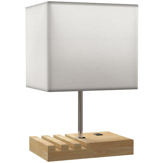 Photo of HOMCOM Bedside Lamp with USB A+C Charging Ports and 3 Phone Stands, Modern Table Lamp with Solid Wood Base and Fabric Shade for Bedroom Living Room Office, E27 Socket, Bulb Not Included, White in White colour on a white background