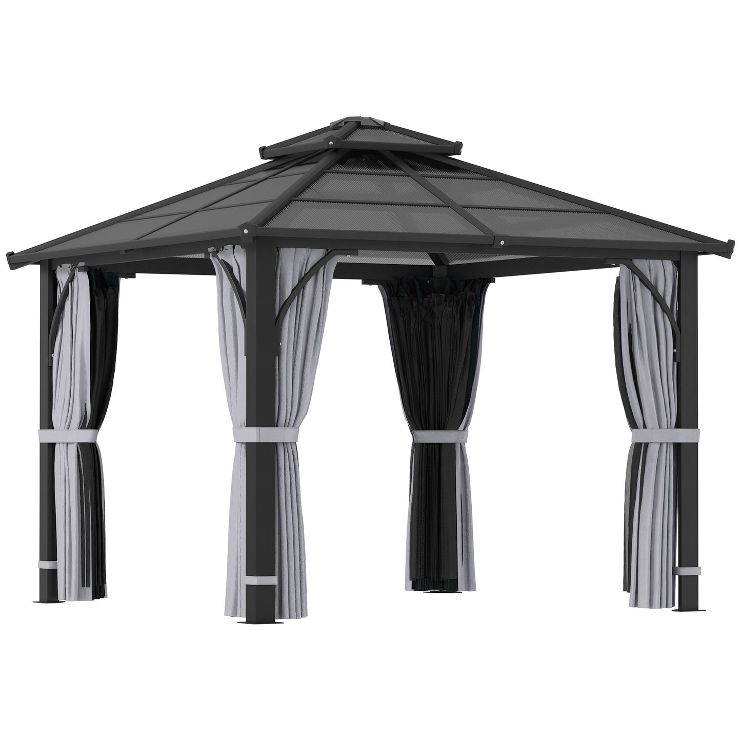Photo of Outsunny 3 x 3(m) Hardtop Gazebo Canopy with 7mm Polycarbonate Double-Tier Roof, Garden Gazebo Permanent Pavilion with Mosquito Netting and Curtains for Patio, Terrace, Dark Grey in Grey colour on a white background