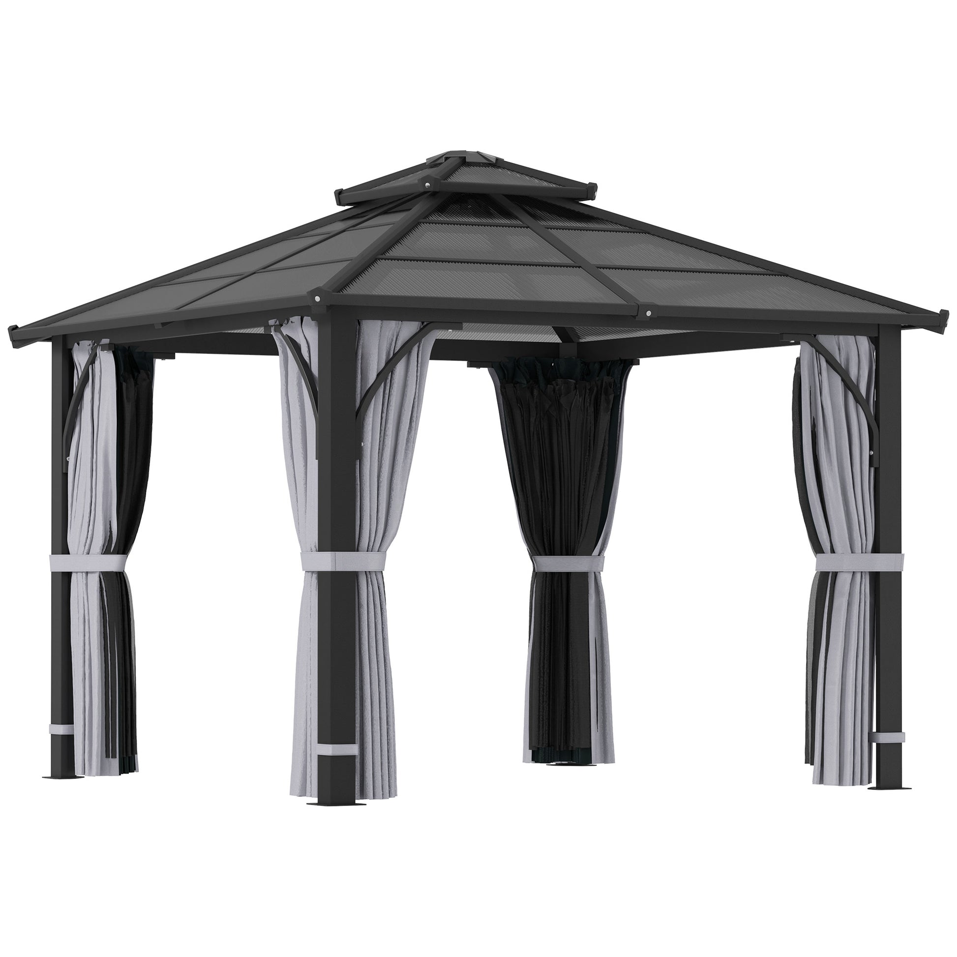 Photo of Outsunny 3 x 3(m) Hardtop Gazebo Canopy with 7mm Polycarbonate Double-Tier Roof, Garden Gazebo Permanent Pavilion with Mosquito Netting and Curtains for Patio, Terrace, Dark Grey in Grey colour on a white background