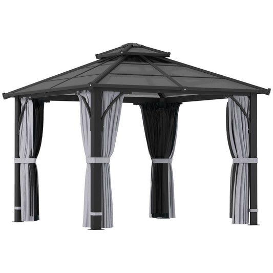 Photo of Outsunny 3 x 3(m) Hardtop Gazebo Canopy with 7mm Polycarbonate Double-Tier Roof, Garden Gazebo Permanent Pavilion with Mosquito Netting and Curtains for Patio, Terrace, Dark Grey in Grey colour on a white background