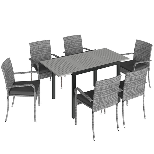 Photo of Outsunny 7 Piece Rattan Garden Furniture Set, 6 Seater Garden Table and 6 Stackable Chairs with Extendable Acacia Wood Tabletop in Tabletop colour on a white background