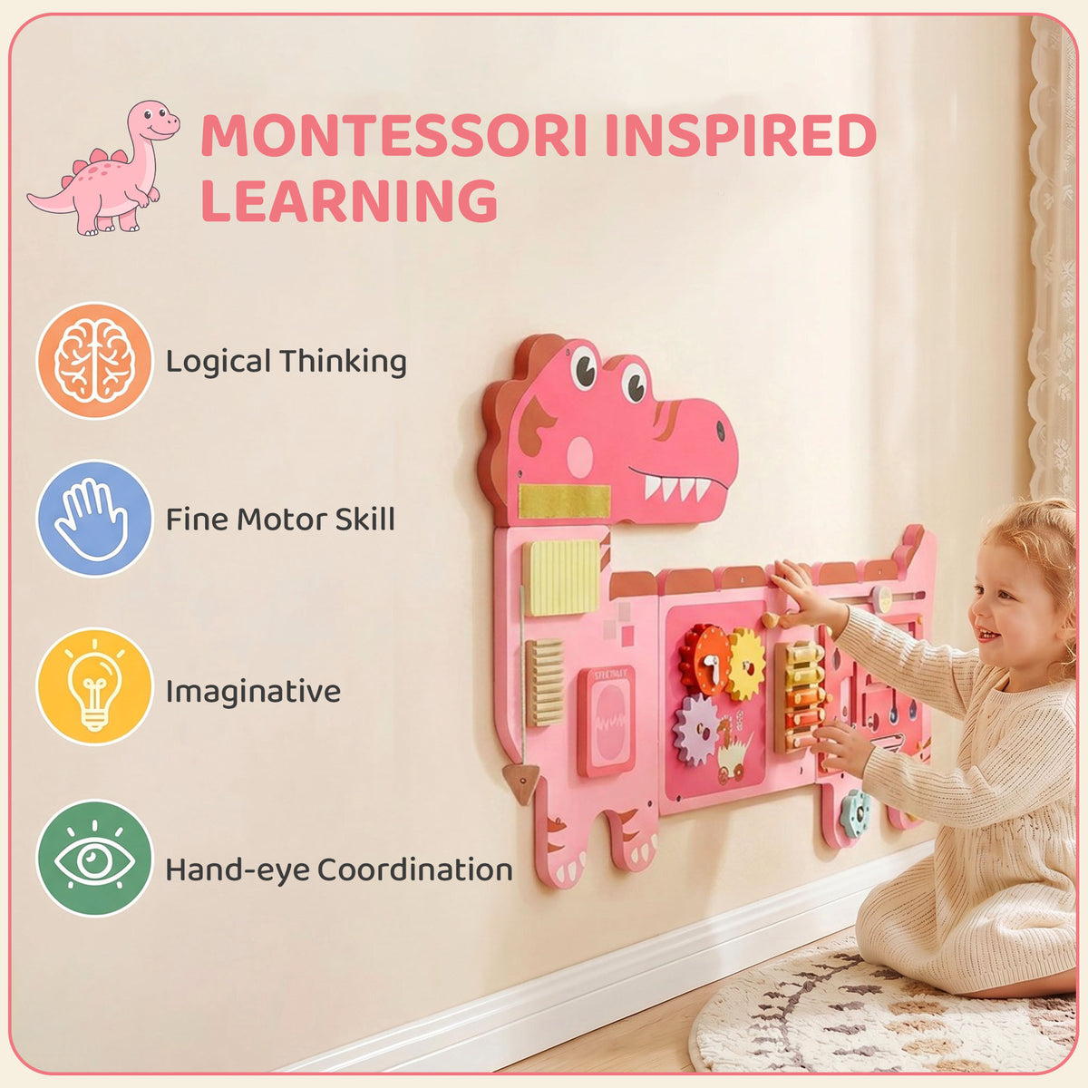 AIYAPLAY Busy Board Panels, Wall Mounted Montessori Inspired Busy Board, Toddler Learning Centre Dinosaur Theme, Pink