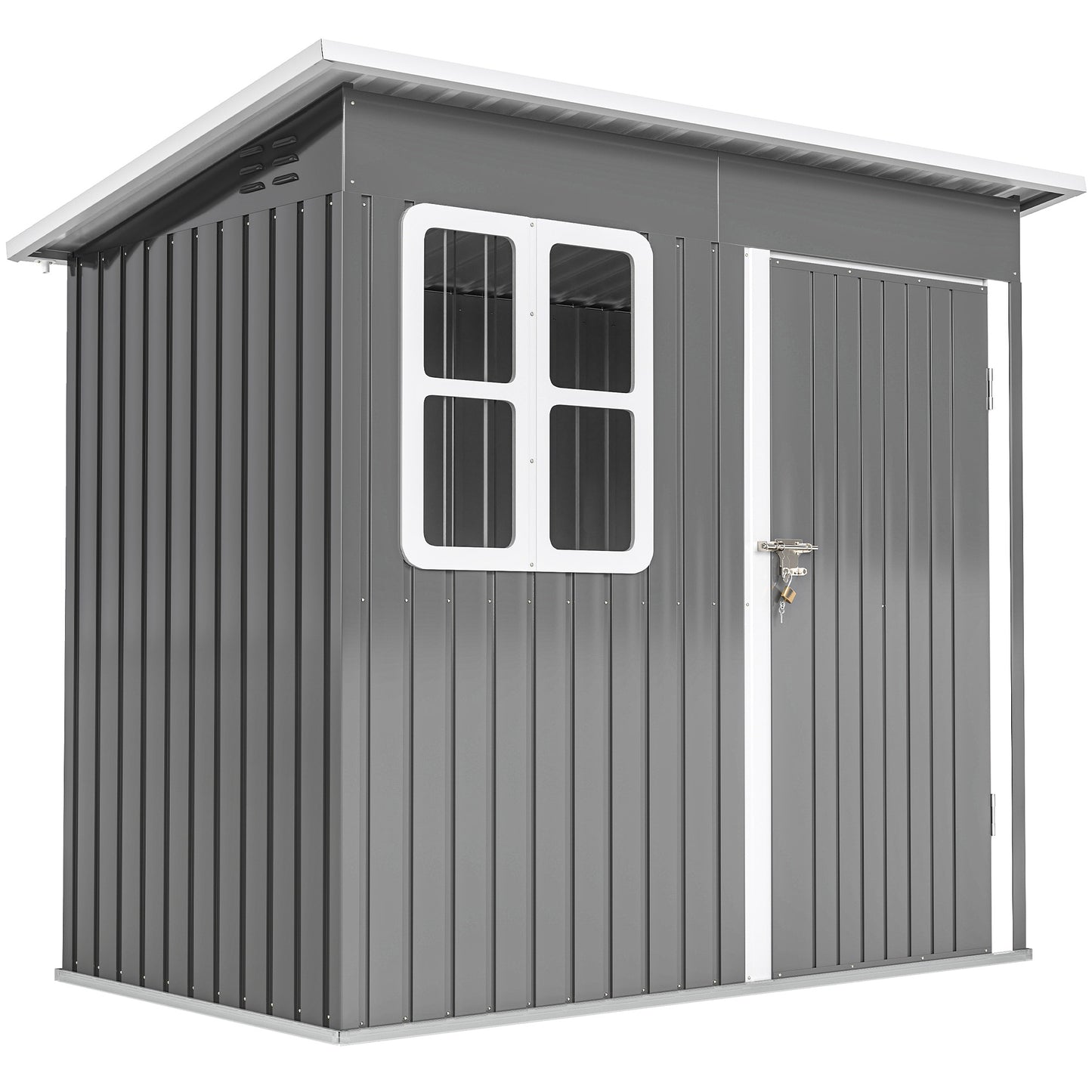 Photo of Outsunny 7 x 4ft Eco-friendly Galvanised Steel Garden Shed, with Lock and Gloves, 40kg/㎡ Snow Capacity - Grey in Grey colour on a white background