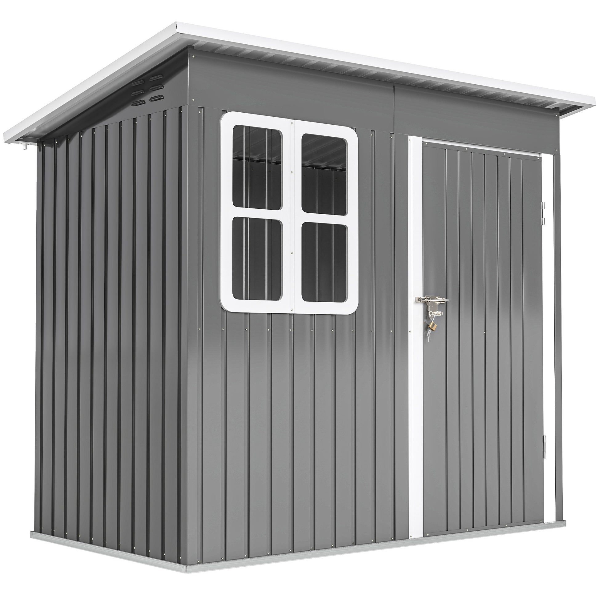 Photo of Outsunny 7 x 4ft Eco-friendly Galvanised Steel Garden Shed, with Lock and Gloves, 40kg/㎡ Snow Capacity - Grey in Grey colour on a white background