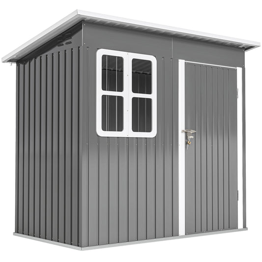 Photo of Outsunny 7 x 4ft Eco-friendly Galvanised Steel Garden Shed, with Lock and Gloves, 40kg/㎡ Snow Capacity - Grey in Grey colour on a white background