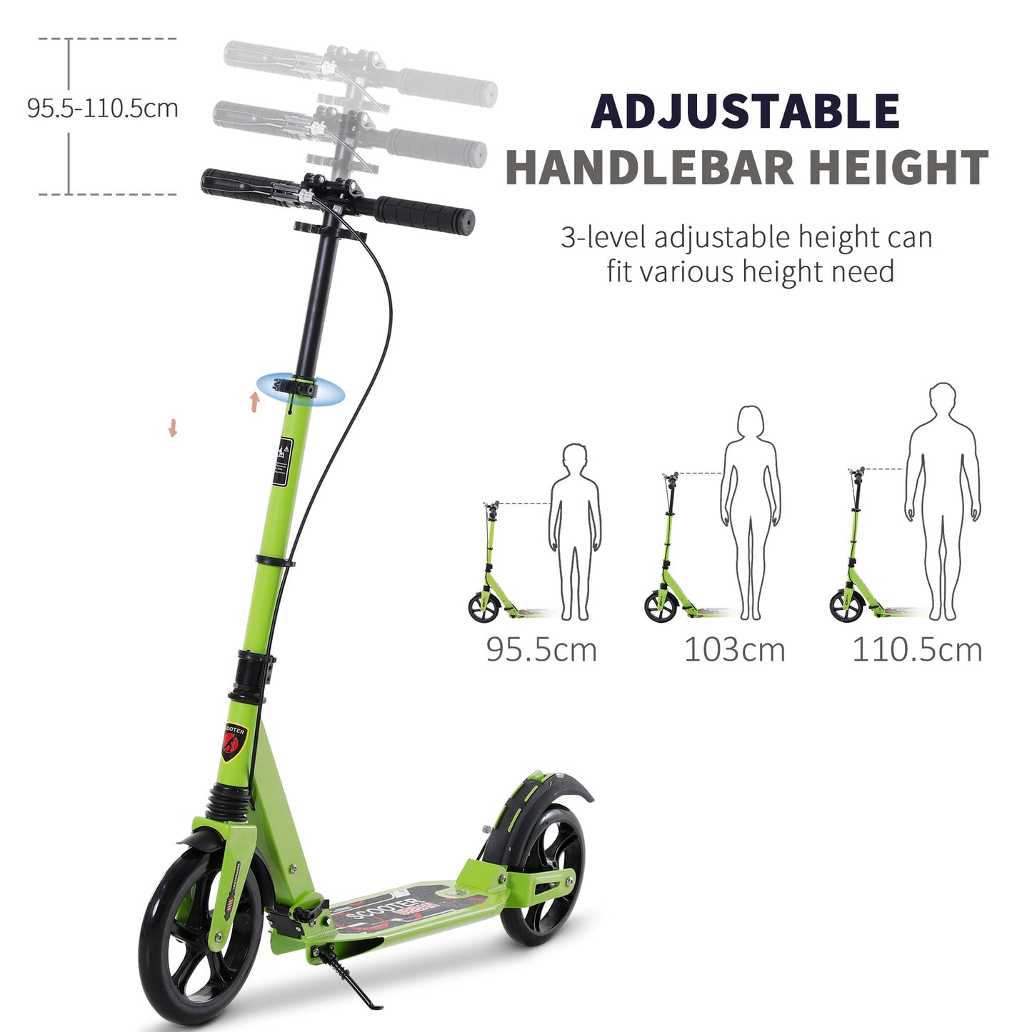 HOMCOM Kick Scooter, Folding 2 Wheel Scooter with Dual Brake System, Dual Suspension, 230mm Big Wheels and 3 Adjustable Handlebar, for 14+ Teens Adults, up to 100KG, Green