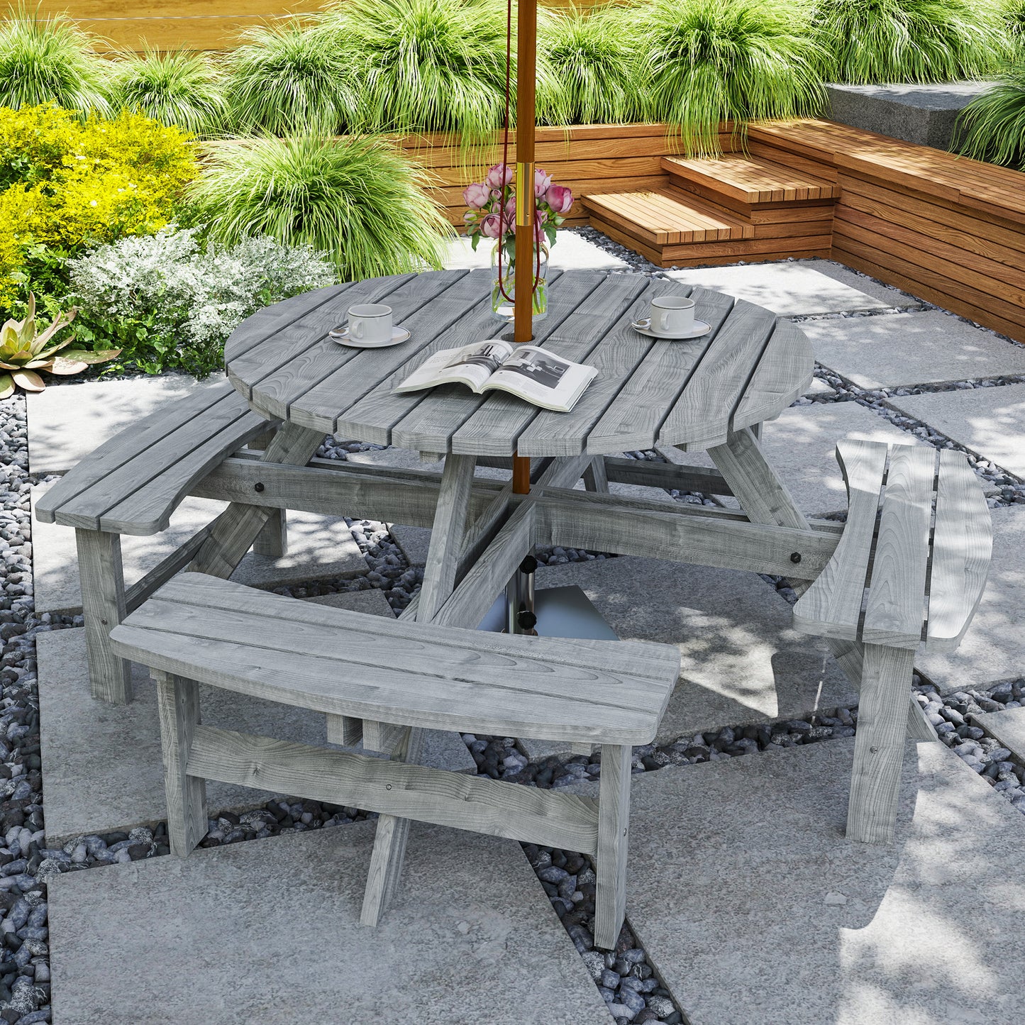 Outsunny 8-Seater Wooden Picnic Set-Fir Wood