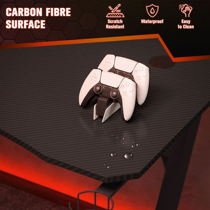 Gaming desk with carbon fiber-style surface and rounded front edge