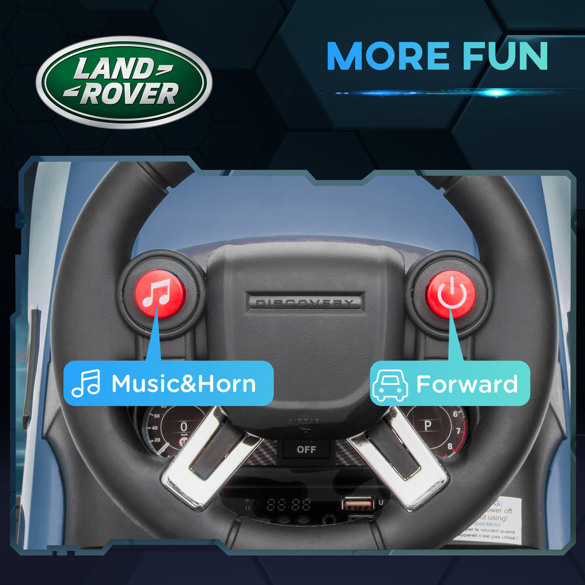 AIYAPLAY Land Rover ride-on car steering wheel with music, horn and forward buttons