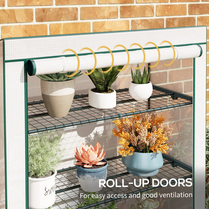 Outsunny mini greenhouse with roll-up front door and wire shelves