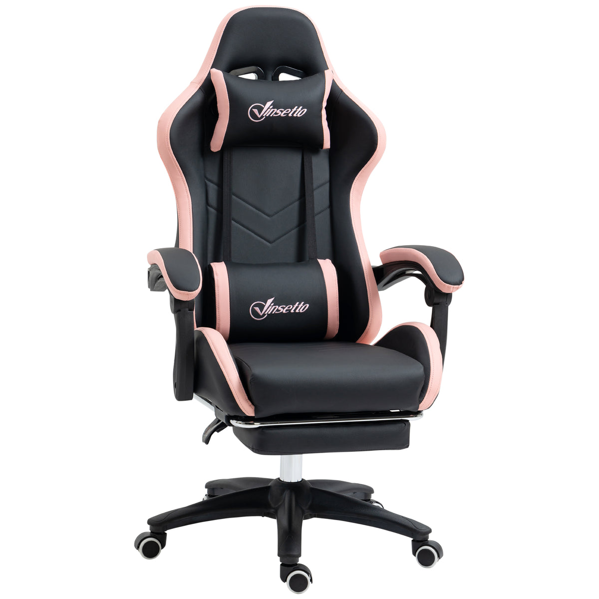 Photo of Vinsetto Gaming Chair, Computer Gamer Chair with Reclining High Back, Headrest, Lumbar Support, Footrest, Swivel Wheels, PU Leather, Adjustable Height for Home, Black and Pink in Pink colour on a white background