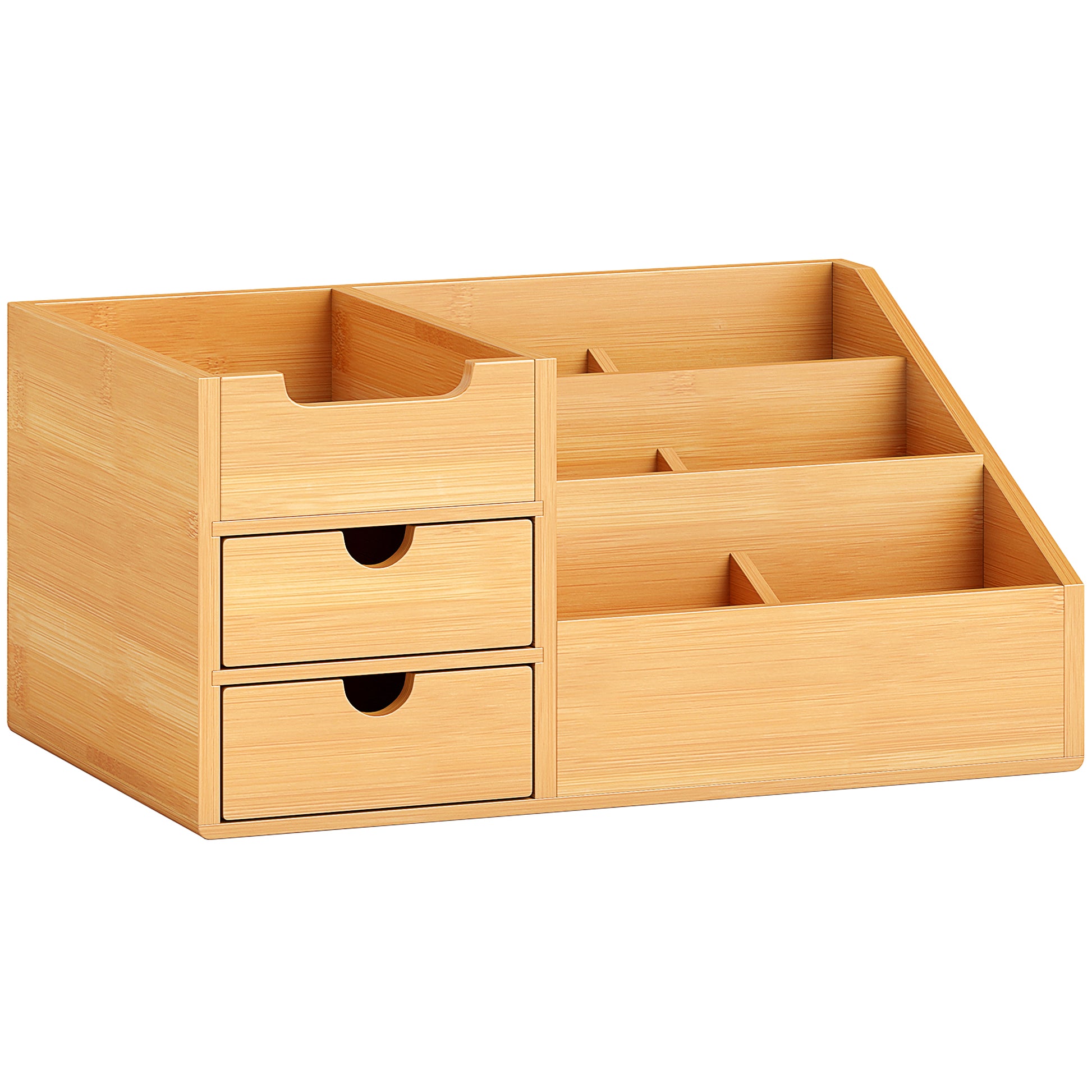 Photo of HOMCOM Desk Organiser Holder, Bamboo Multi-Function Storage Caddy with 7 Storage Compartments and 2 Drawers for Home Office Stationary Supplies, Natural Bamboo in Bamboo colour on a white background
