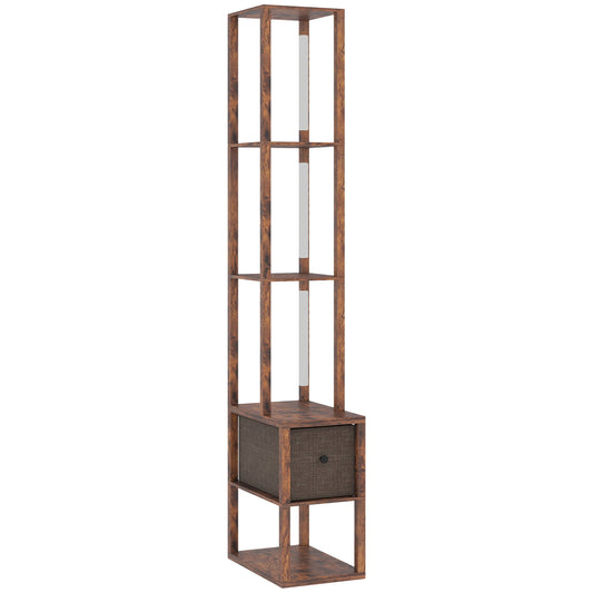 Photo of HOMCOM Floor Lamp with Shelves, LED Column Modern Standing Lamp with Fabric Drawer, Adjustable Brightness, Foot Switch for Living Room, Bedroom, Office, Rustic Brown in Brown colour on a white background