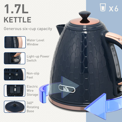 Blue 1.7-liter kettle with water-level window and 360-degree base
