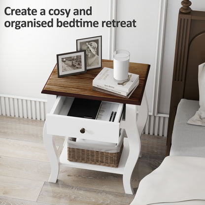 White bedside table with open drawer, brown top and curved legs