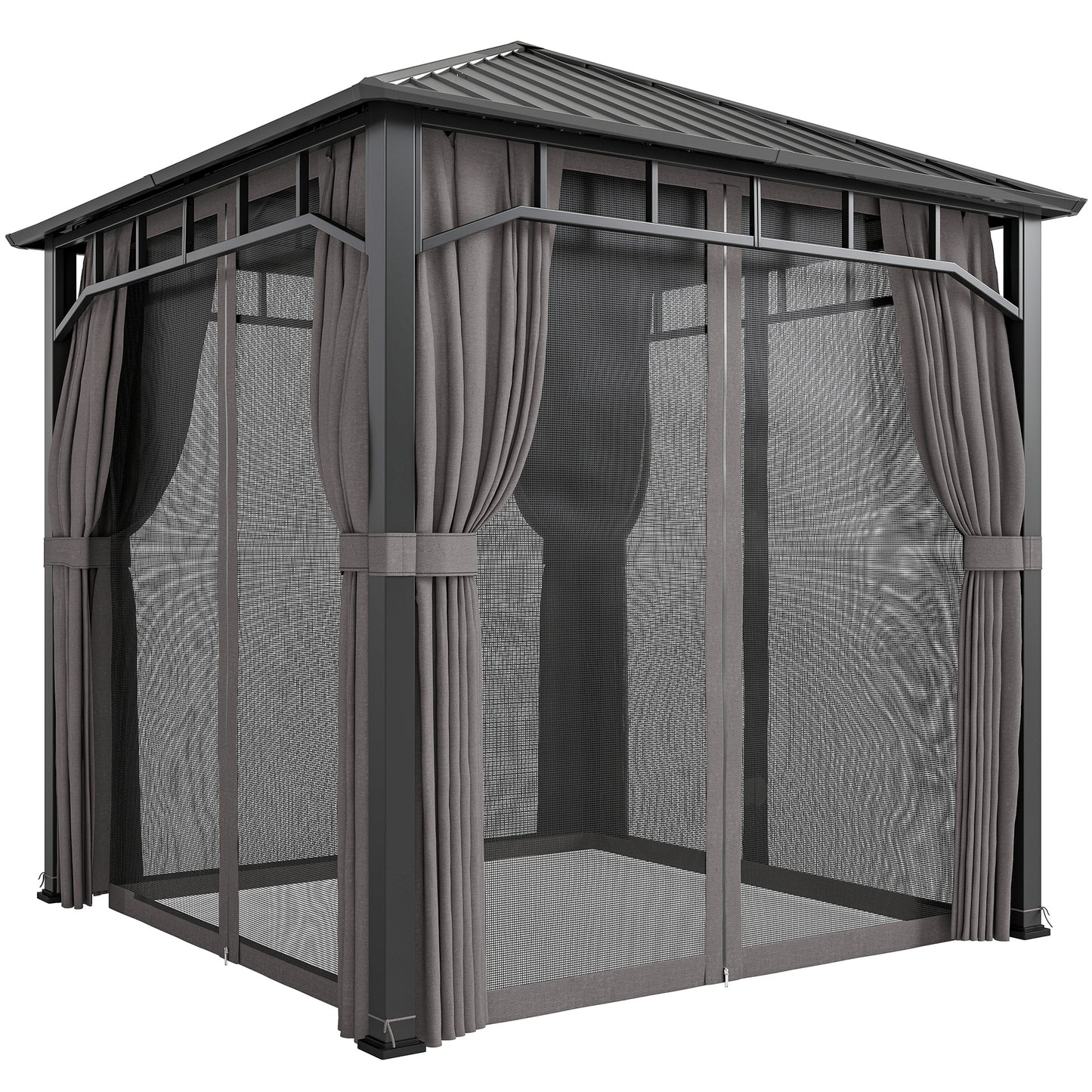 Photo of Outsunny 2.5 x 2.5 m Hardtop Gazebo with Galvanised Steel Roof, Waterproof Permanent Pavilion Garden Gazebo with Netting and Curtains for Patio, Deck, Dark Grey in Grey colour on a white background