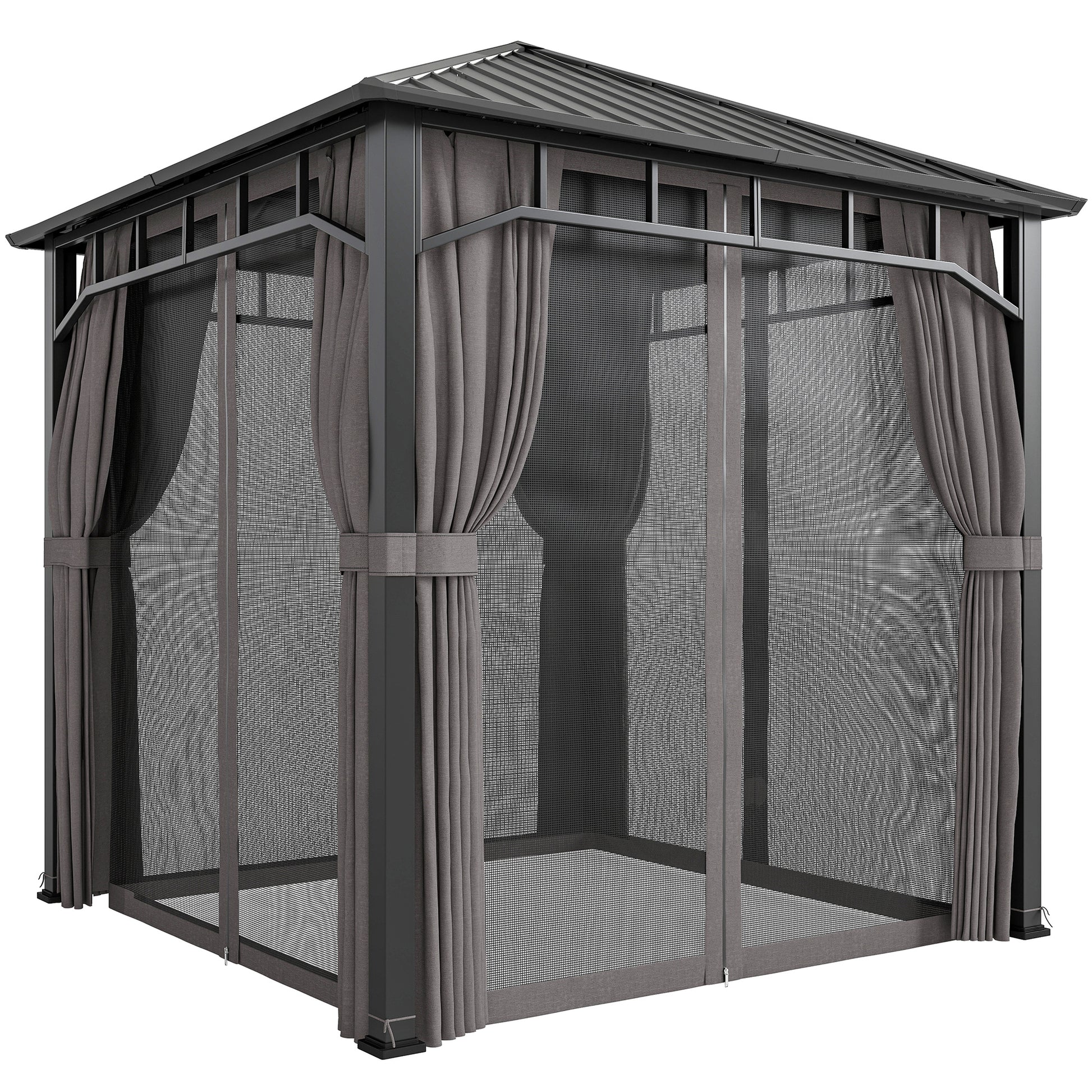 Photo of Outsunny 2.5 x 2.5 m Hardtop Gazebo with Galvanised Steel Roof, Waterproof Permanent Pavilion Garden Gazebo with Netting and Curtains for Patio, Deck, Dark Grey in Grey colour on a white background