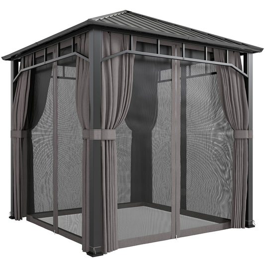 Photo of Outsunny 2.5 x 2.5 m Hardtop Gazebo with Galvanised Steel Roof, Waterproof Permanent Pavilion Garden Gazebo with Netting and Curtains for Patio, Deck, Dark Grey in Grey colour on a white background