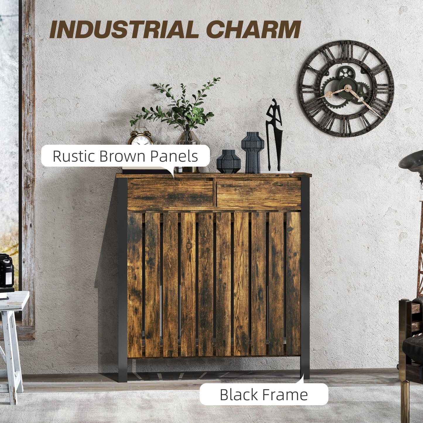 HOMCOM 93 x 88.5cm Rustic-Look Radiator Cover - Brown/Black