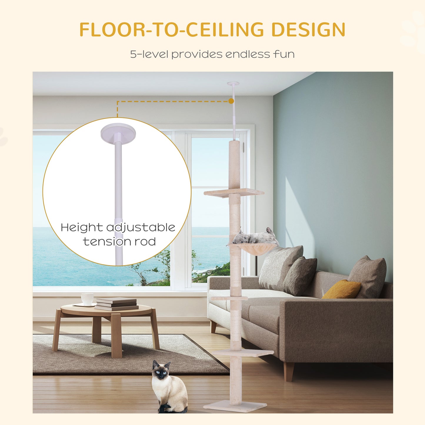 PawHut Floor to Ceiling Cat Tree 230-260cm Height Adjustable, 5-Tier Cat Tower with Scratching Posts, Hammock, Perches, Climbing Activity Centre for Indoor Kittens Playing and Relaxing, Beige