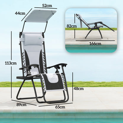 Outsunny reclining lounge chair with shade cover, shown with dimensions and reclined profile