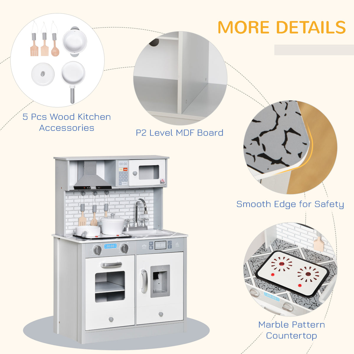 HOMCOM toy kitchen set with wooden accessories, smooth edges, and marble-pattern countertop
