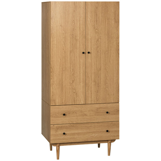 Photo of HOMCOM Wardrobe with 2 Doors, 2 Drawers, Hanging Rail for Bedroom Clothes Storage Organiser, 80x52x180cm, Natural Tone in Tone colour on a white background
