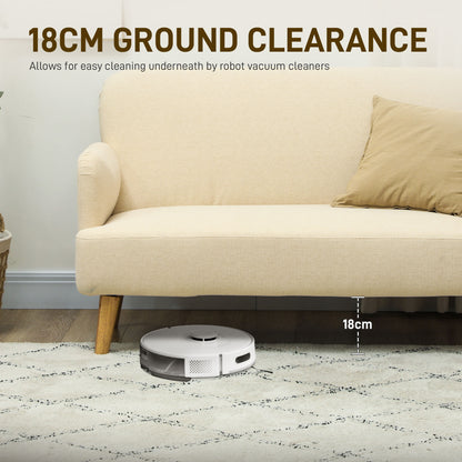 Cream loveseat with raised wood legs and 18 cm of ground clearance