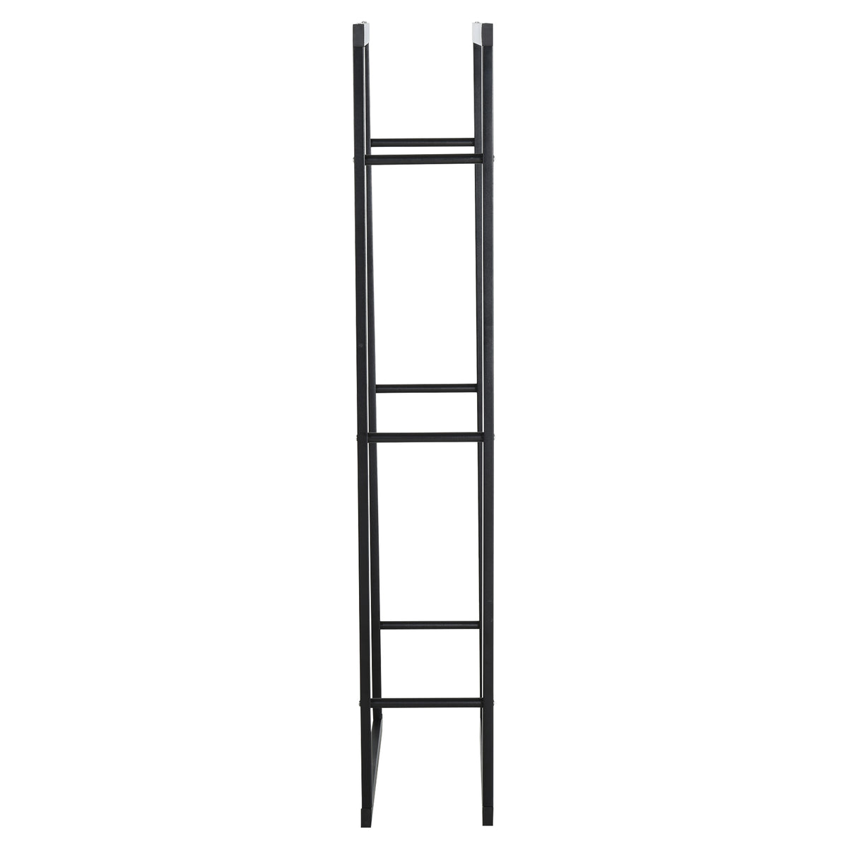 Side view of the tall black metal firewood rack frame