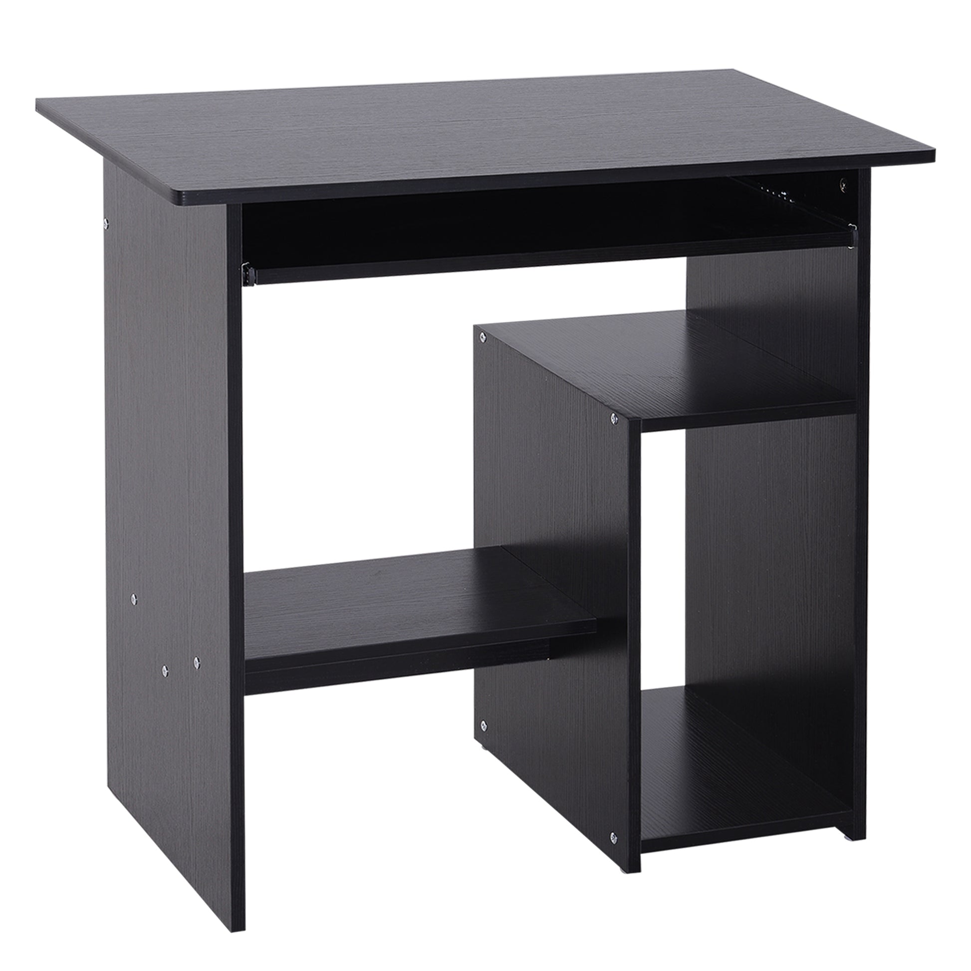 Photo of HOMCOM Compact Small Computer Table Wooden Desk Keyboard Tray Storage Shelf Modern Corner Table Home Office Black in Black colour on a white background