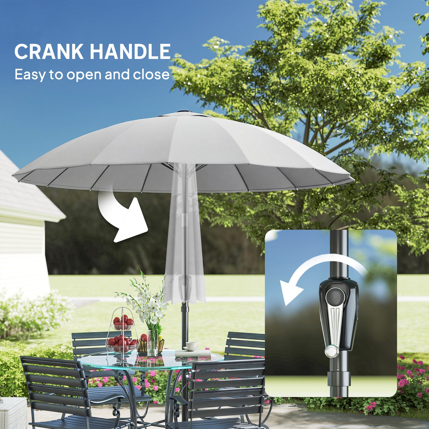 Outsunny 2 m Shanghai Garden Parasol Umbrella with 16 Fibreglass Ribs, Outdoor Parasol Sun Shade with Crank & Tilt, Light Grey