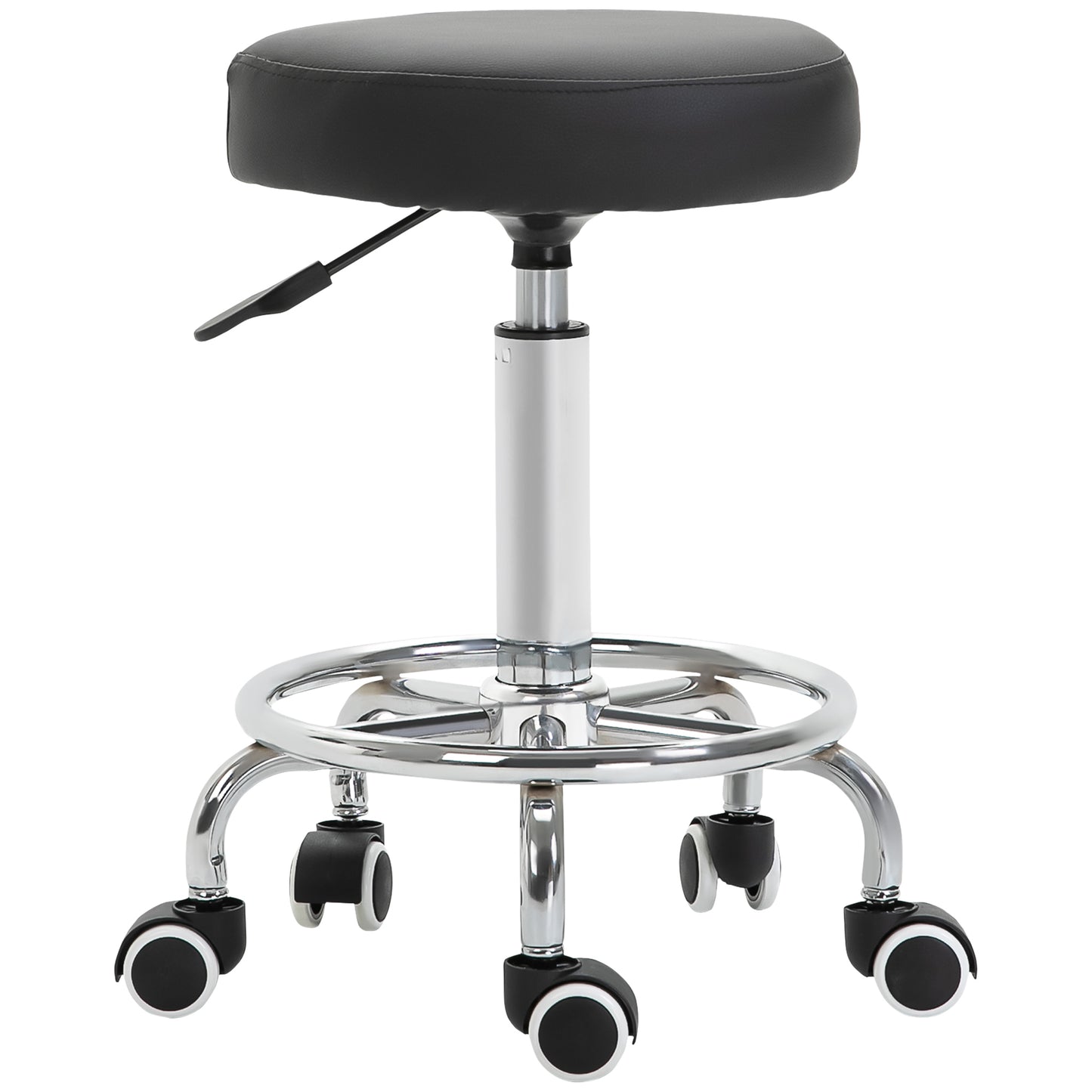 Photo of Vinsetto Round Rolling Stool, PU Leather Height Adjustable Stool Chair with Wheels and Swivel Seat for Salon, Massage, Spa, Home Kitchen, Black in Black colour on a white background