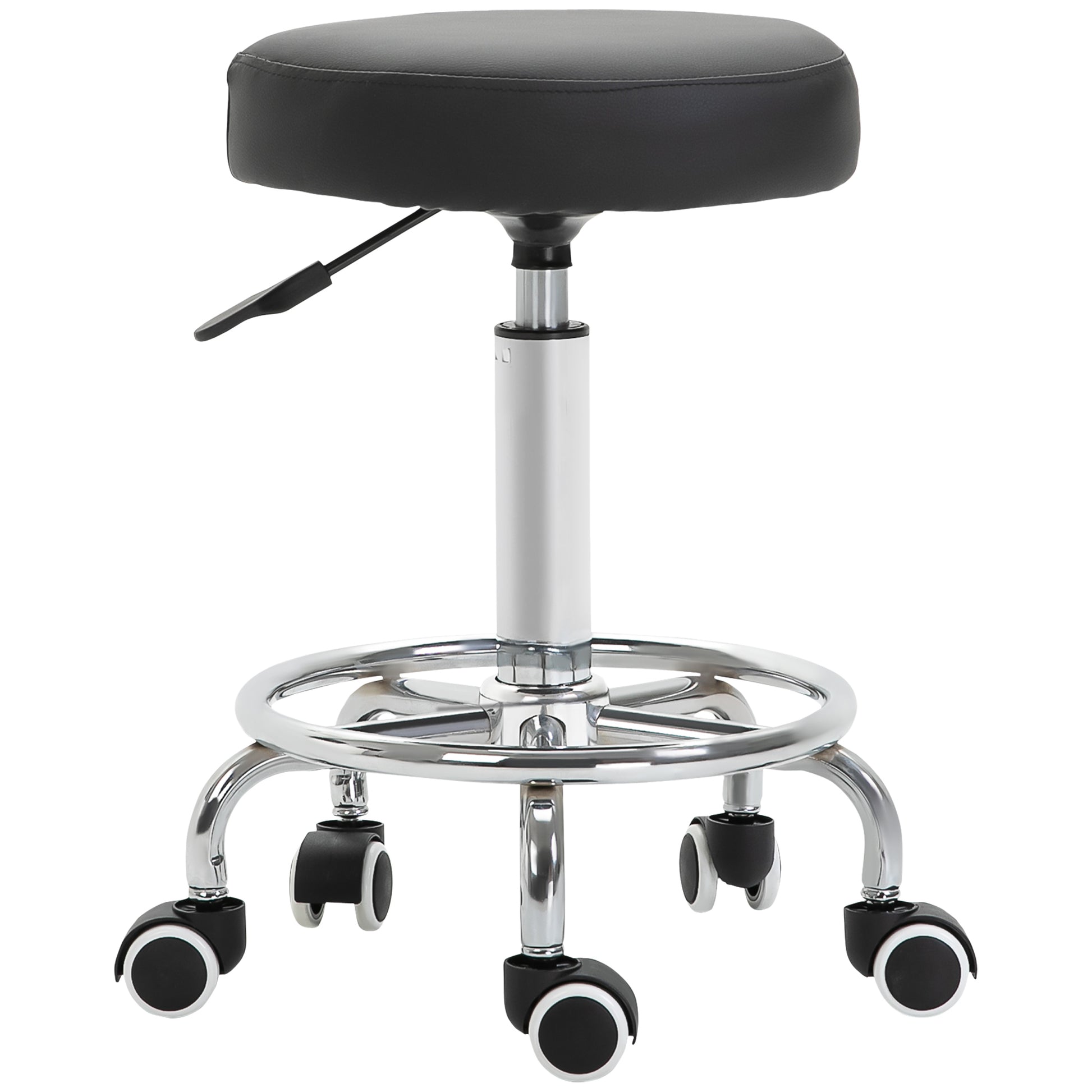 Photo of Vinsetto Round Rolling Stool, PU Leather Height Adjustable Stool Chair with Wheels and Swivel Seat for Salon, Massage, Spa, Home Kitchen, Black in Black colour on a white background